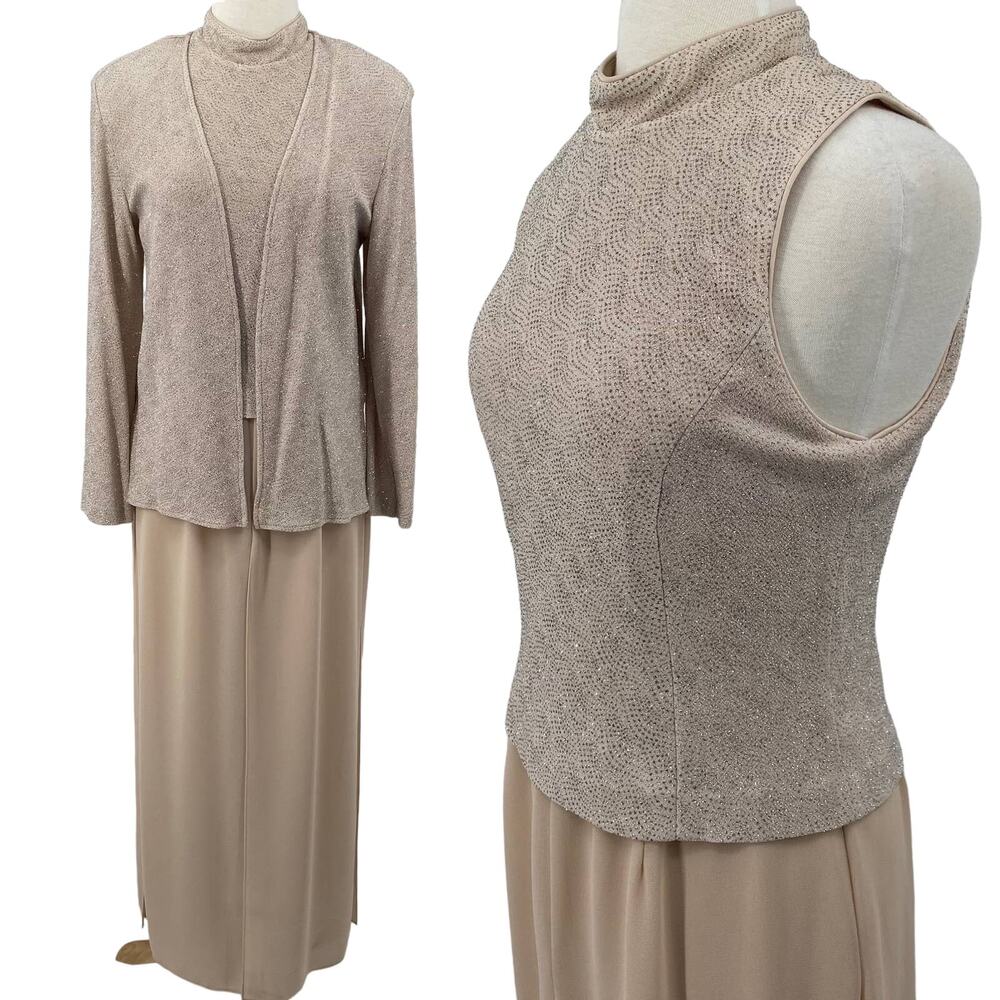 Vintage 2 Piece Jumpsuit Jacket Set Silky Silver Glitter Bodice Flowy Womens 8